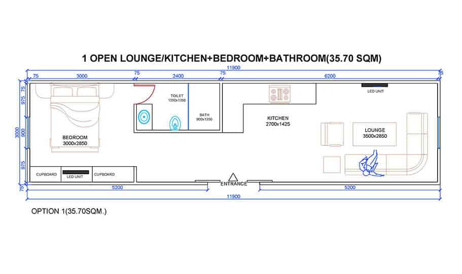 One King BT1BK 40ft Transportable Container Home Floor Plan 1 Bedroom 1 Bathroom Steel Frame Kit