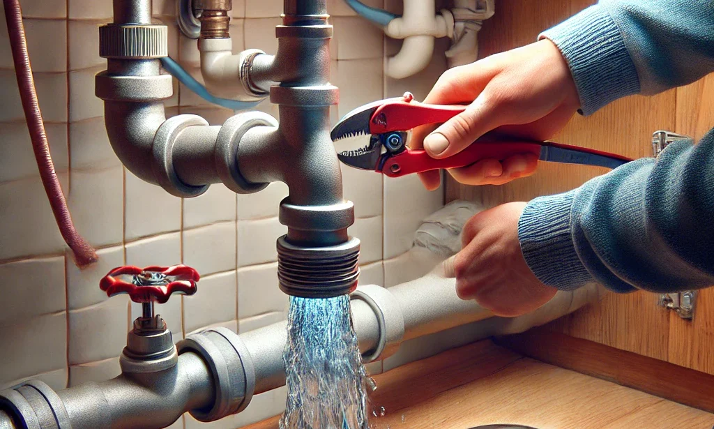 Dall·e 2025 02 12 17.56.51 A Realistic Photo Of A Plumber Fixing An Airlock In A Household Water Pipe. The Plumber Is Using A Hose To Connect Two Faucets, Releasing Trapped Air