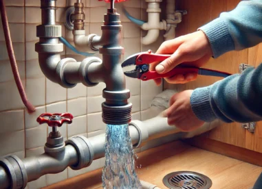 Dall·e 2025 02 12 17.56.51 A Realistic Photo Of A Plumber Fixing An Airlock In A Household Water Pipe. The Plumber Is Using A Hose To Connect Two Faucets, Releasing Trapped Air