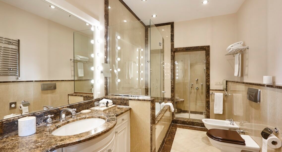 Luxury Bathroom Finished In Marble. Classic And Elegant Decoration. Indoor