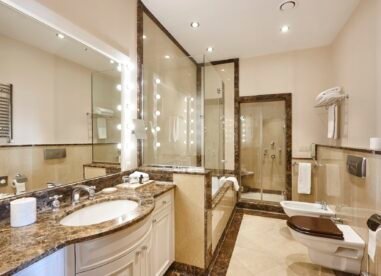 Luxury Bathroom Finished In Marble. Classic And Elegant Decoration. Indoor