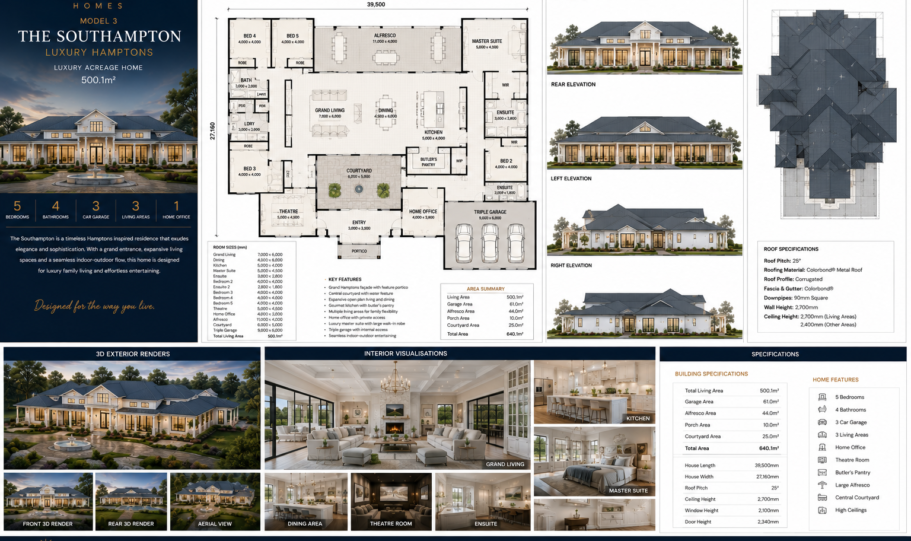 Southampton Luxury Hamptons Acreage Home Kit 500sqm 5 Bedroom Floor Plan Renders Australia Wide